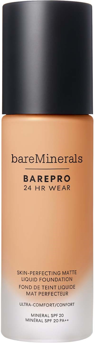 A beige foundation bottle with a black cap, labeled 'bareMinerals BAREPRO 24 HR WEAR' and SPF 20.