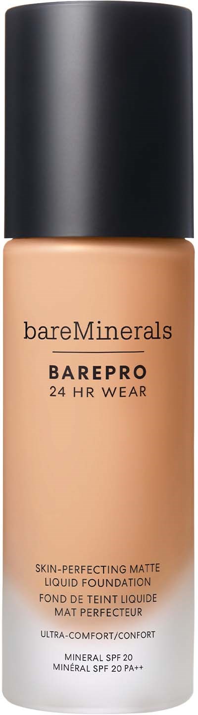 BareMinerals BarePro liquid foundation bottle with black cap and beige liquid inside.