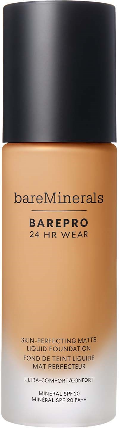 A bottle of bareMinerals BarePro liquid foundation with a black cap, beige liquid inside, label shows sun protection and matte finish.