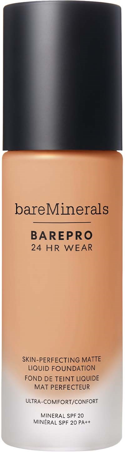 BareMinerals BAREPRO liquid foundation in a beige bottle with black cap, SPF 20, for full day wear.