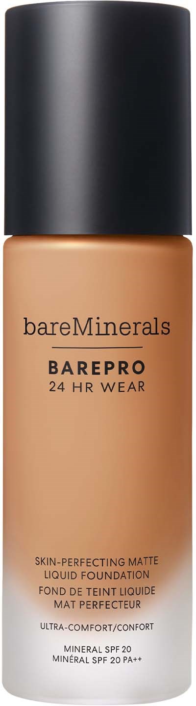 A bottle of bareMinerals BarePRO liquid foundation with SPF 20, matte finish, and 24 hours wear. Black cap.