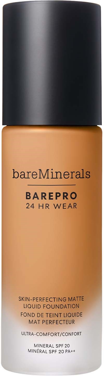 A bottle of bareMinerals BarePro liquid foundation with a black cap and beige color.