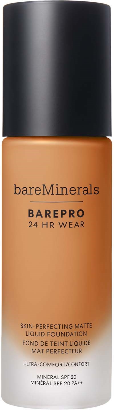 A bottle of bareMinerals BarePro liquid foundation with SPF and a black cap, in a beige color.
