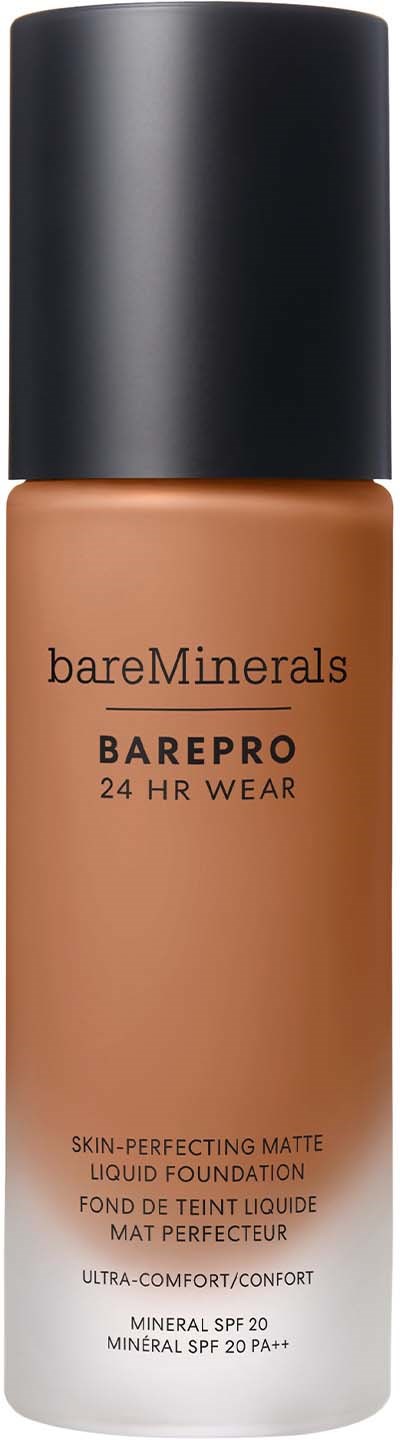 A bottle of bareMinerals BarePRO liquid foundation with SPF 20 and a black cap.