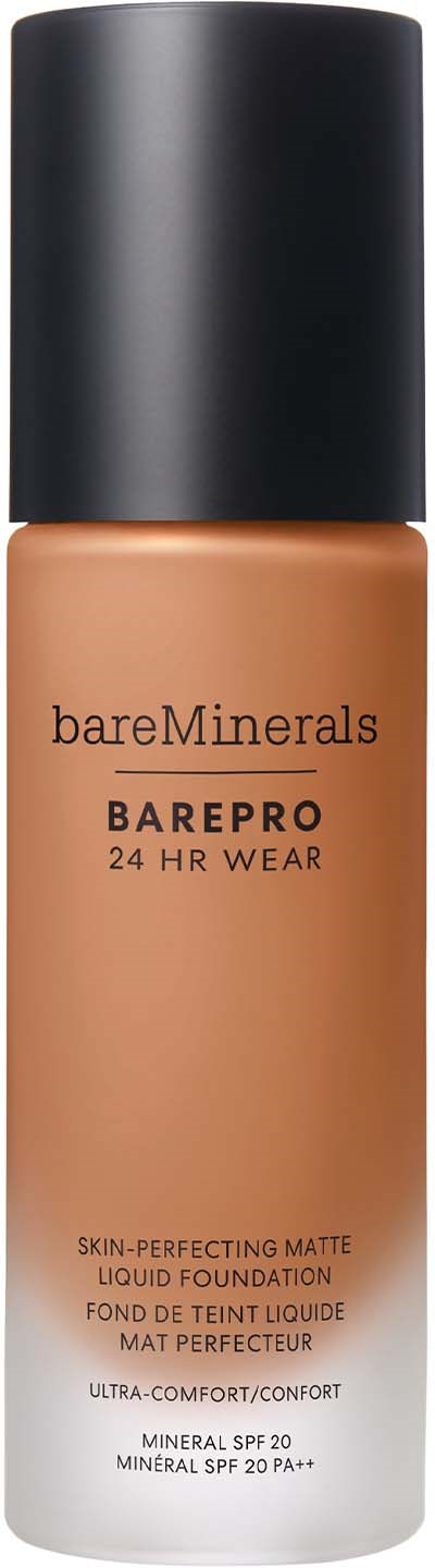 A bottle of BareMinerals BarePRO foundation with SPF 20, in skin-tone color, with a black cap.