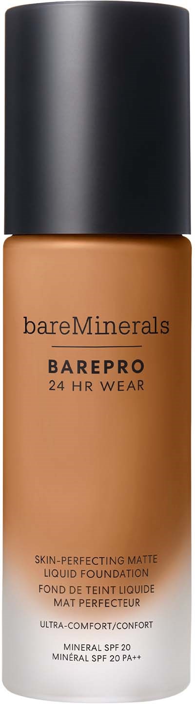 A bottle of bareMinerals BarePro liquid foundation with a black cap and beige body. It says 24-hour wear and SPF 20.