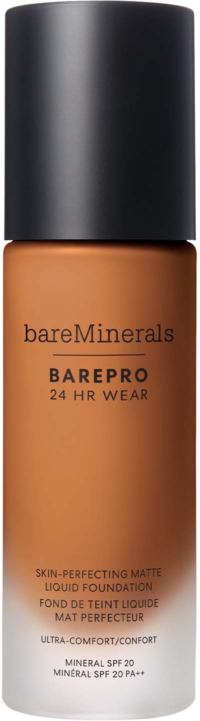 A bottle of bareMinerals BarePro liquid foundation with a black cap and orange-brown color. It is designed for 24-hour wear.