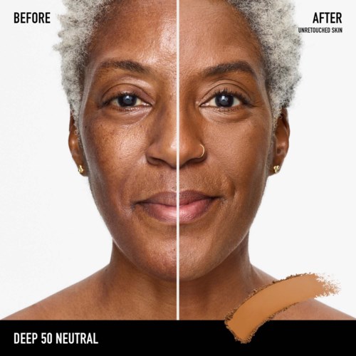 Before and after side of a woman showing skin improvement and brighter complexion after using a skincare product.