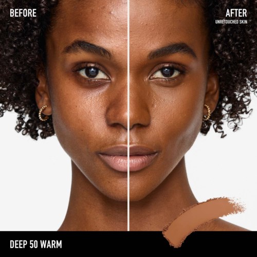 One side shows patchy, uneven skin; the other side shows smooth, clear skin after using foundation. Before and after comparison.