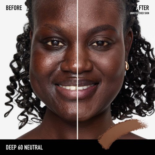 Before and after photos show clear skin improvement and makeup removal, with a neutral expression. Labels indicate skin tone is deep 60 neutral.