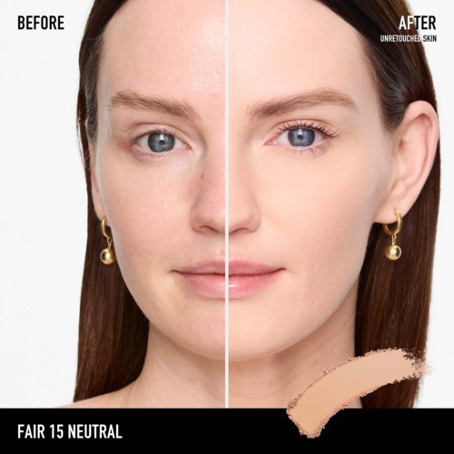 Split face shows before acne and after clear, smooth skin with makeup. Text mentions skin tone and clarity improvements.