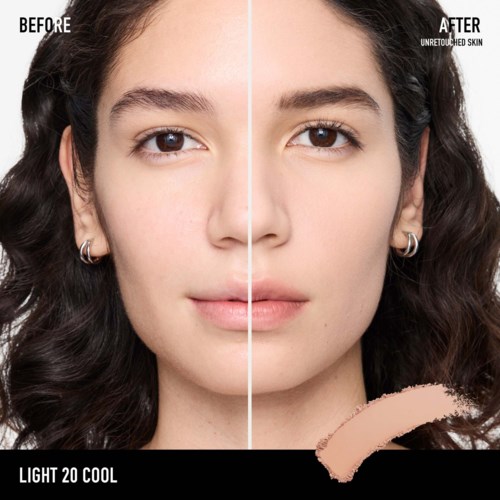 Side-by-side of a woman's face showing skin before and after a skincare treatment, fixing dryness and uneven tone.