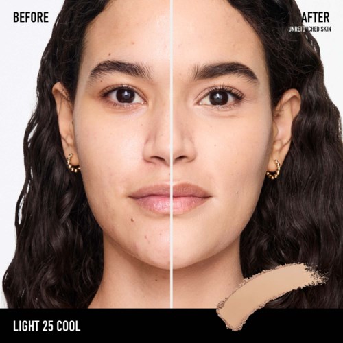 A woman with clear skin before and after skincare, showing improved skin on the right side.