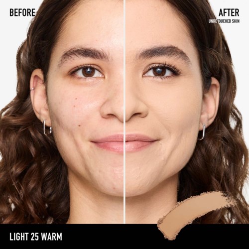 Side-by-side photo showing a face before and after skincare, with clearer skin and makeup after treatment.