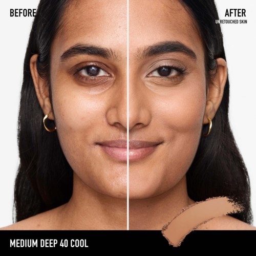 Side-by-side comparison showing a woman's face before and after skin retouching, with smooth, clear skin and even tone.