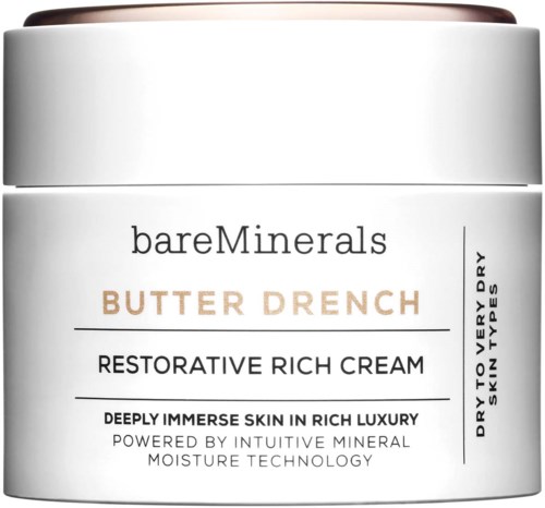 The jar contains BareMinerals Butter Drench restorative rich cream for deep skin hydration, powered by mineral and moisture technology.