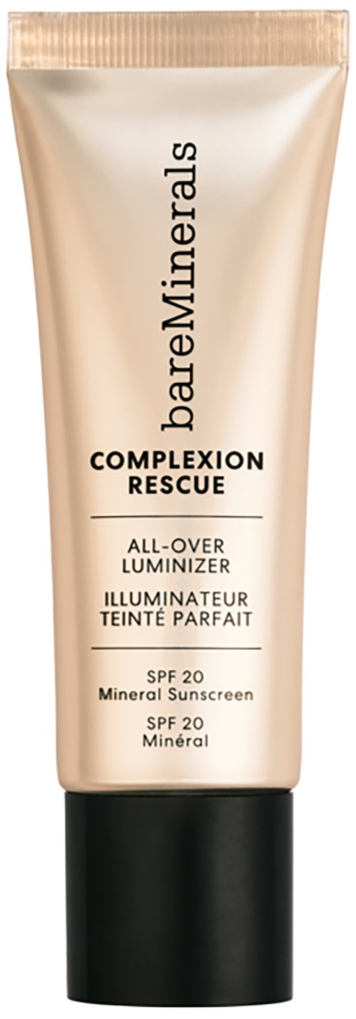Een beige tube met zwarte dop, met BareMinerals-label, bevat complexion rescue luminizer met SPF 20.