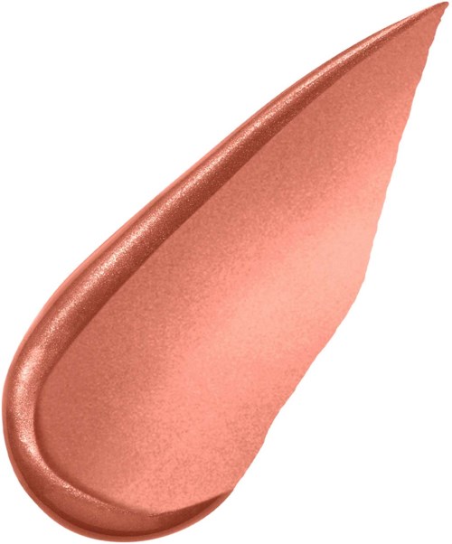 A drop-shaped makeup highlighter with a rose gold color and shimmery texture.