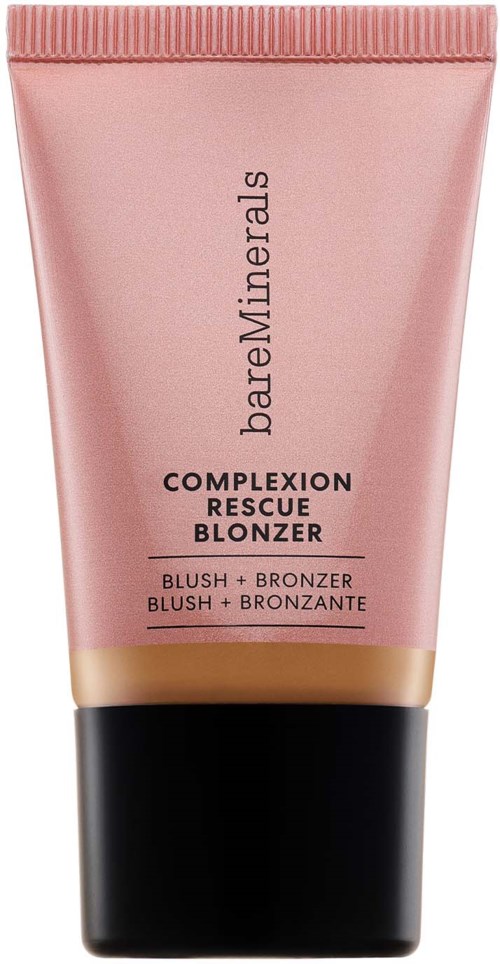 Pink tube labeled 'bareMinerals' with product names 'Complexion Rescue Blonzer' and 'Blush + Bronzer.'