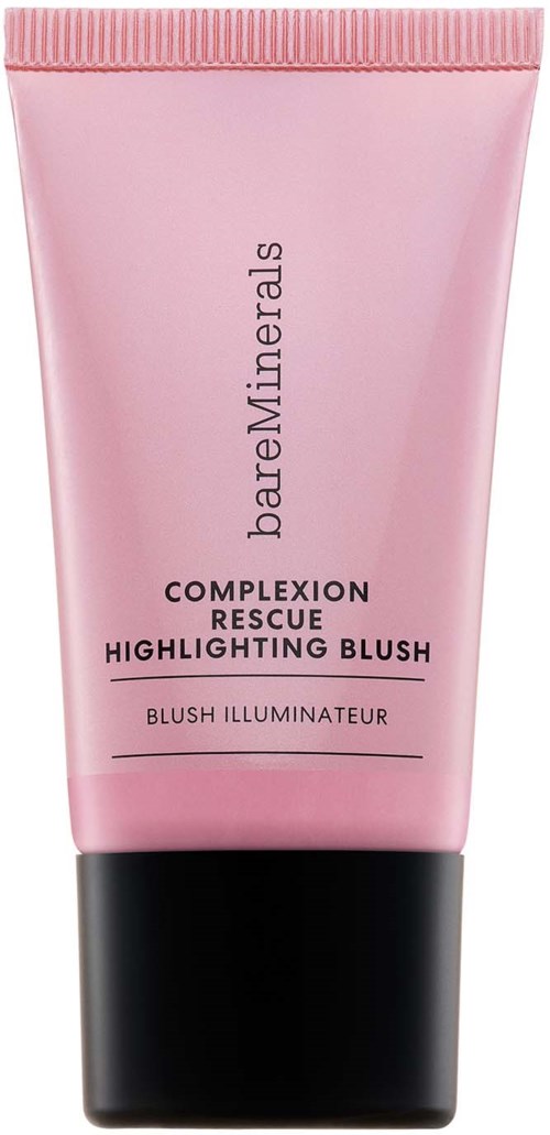 Pink tube with black cap, labeled 'bareMinerals' and 'Highlighting Blush', used for makeup.