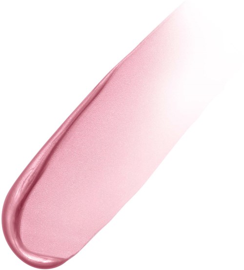 A pink lipstick smear with shiny, smooth texture and a slight curl at the tip.
