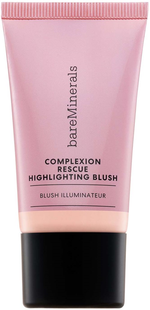 Pink tube of bareMinerals complexion rescue highlighting blush. Black cap, simple design, product name visible.