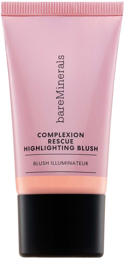 A pink tube of BareMinerals Complexion Rescue highlighting blush with black cap.