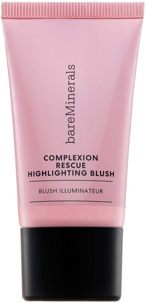Pink tube of bareMinerals Complexion Rescue highlighting blush with black cap.