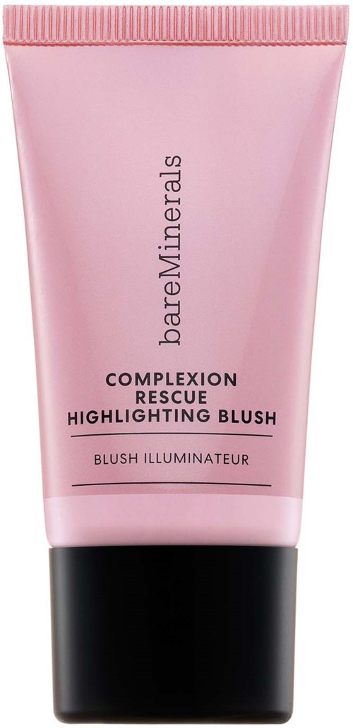A pink tube of bareMinerals complexion rescue highlighting blush with black cap.