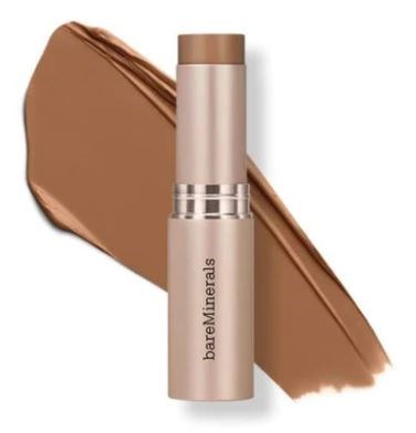 BareMinerals sminkstift med en färgprovsremsa i mörkbrunt bakom.