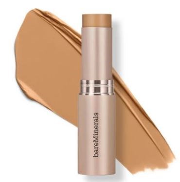 En beige sminkstav med varumärket BareMinerals, med en virvel av foundation eller concealer.
