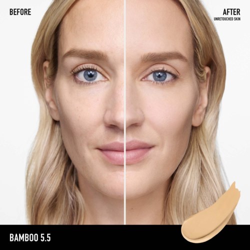 A skincare product called Bamboo 5.5 improves skin, shown through a before and after face comparison of a woman.