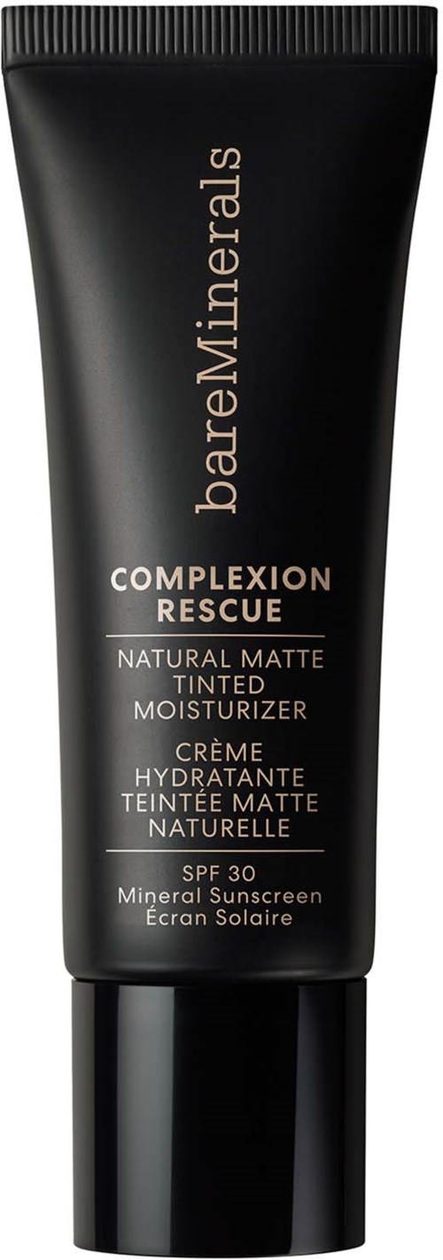 A black tube of BareMinerals complexion rescue tinted moisturizer with SPF 30. It is natural matte and hydrating.