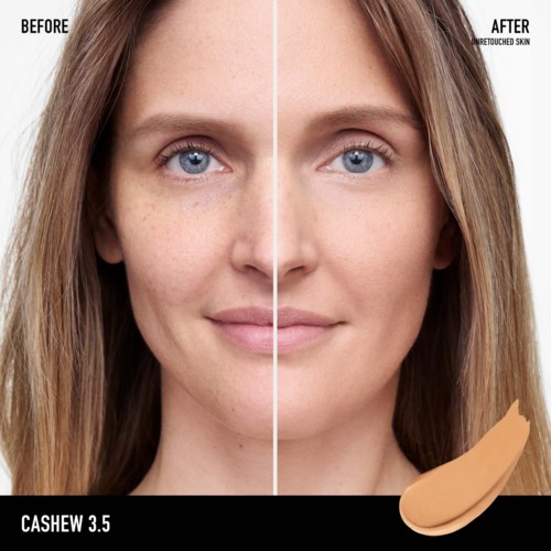 A face showing clear skin after retouching and makeup, with a natural look and smooth complexion.