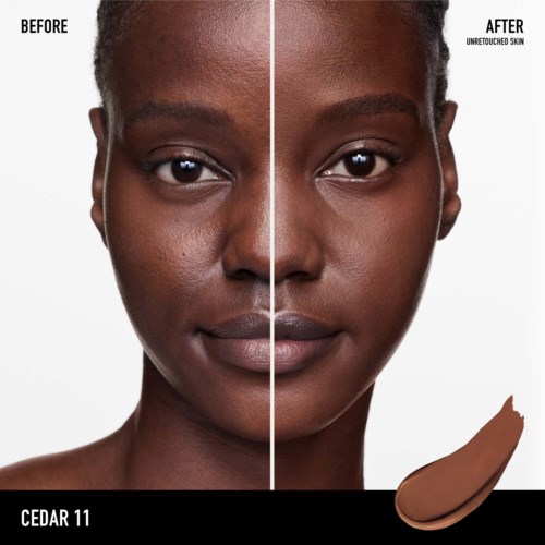 A woman shows clear skin before and after unretouched skincare, with a line dividing the images. There is a makeup swatch nearby.