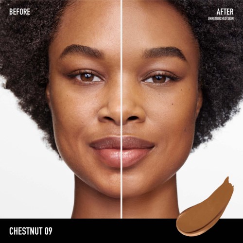 Clear skin and even tone shown, with a makeup product next to the face, before and after skin treatment.