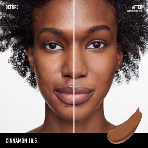A woman shows a face before and after skincare, highlighting clear, even skin with a split image and a cinnamon shade.