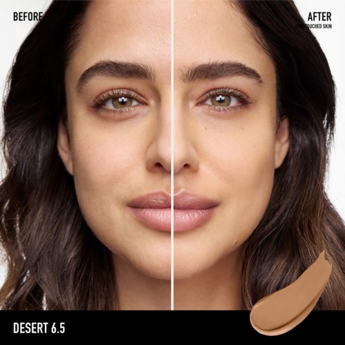 A woman with clear skin, showing a before and after contrast of touched and natural skin.