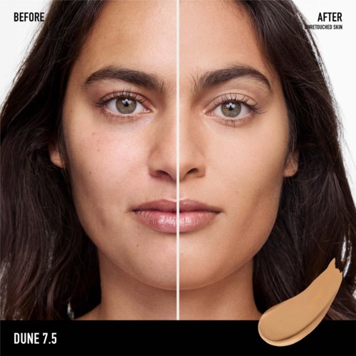 A woman’s face shows clear skin and makeup after skincare treatment, split into before and after effects. Text includes product details.