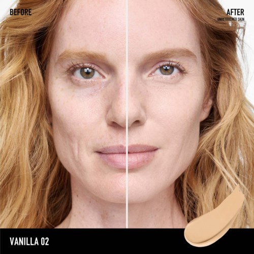 A woman with clear skin, showing a before and after makeup or skincare improvement.