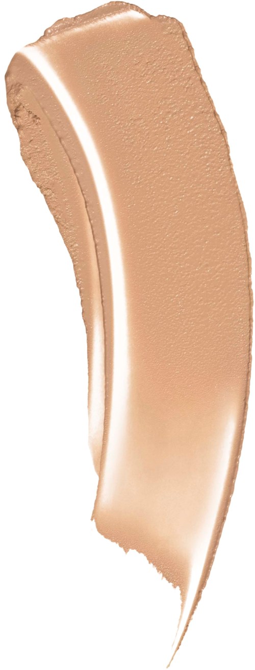 En beige eller tan makeup- eller foundationprov med en slät, krämig textur och böjd form.