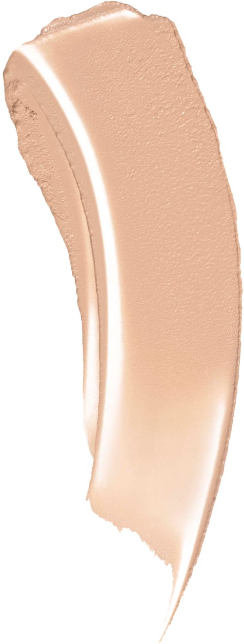 En beige, slät, kurvad makeup foundation provswatch på vit bakgrund.