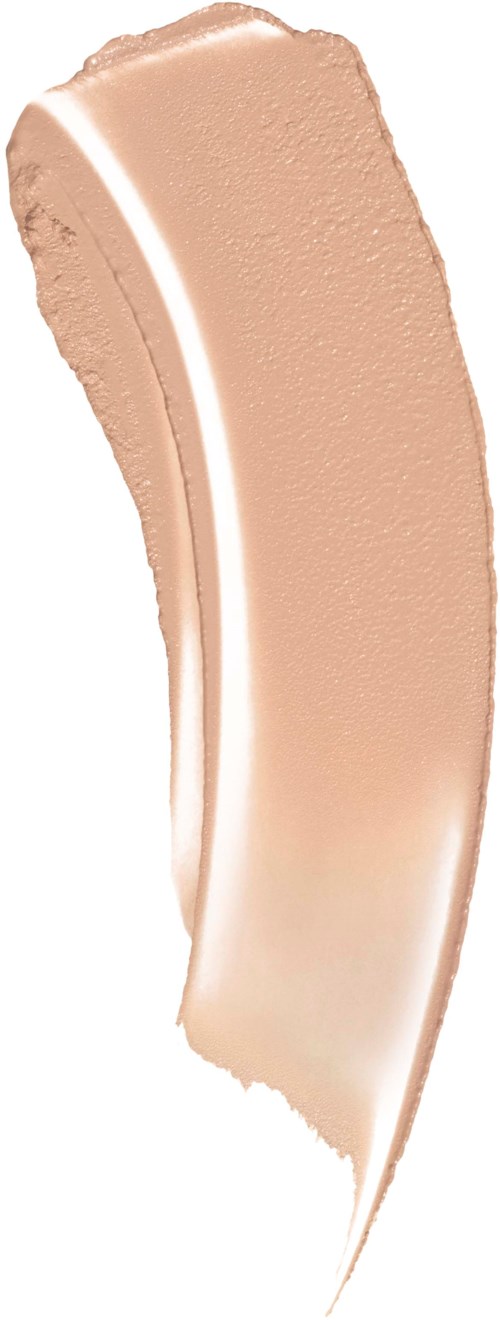En beige och vit kurvad smet av makeupprodukt, möjligen foundation eller concealer, på vit bakgrund.