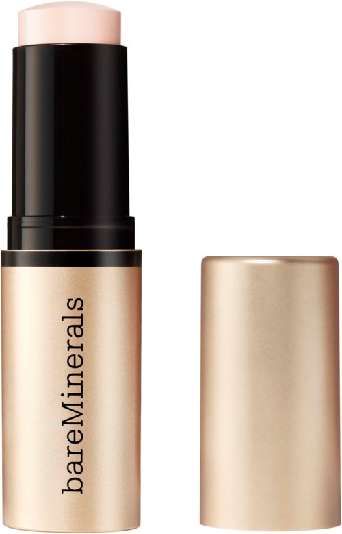 A beige and black lipstick stick with the cap removed, labeled BareMinerals.