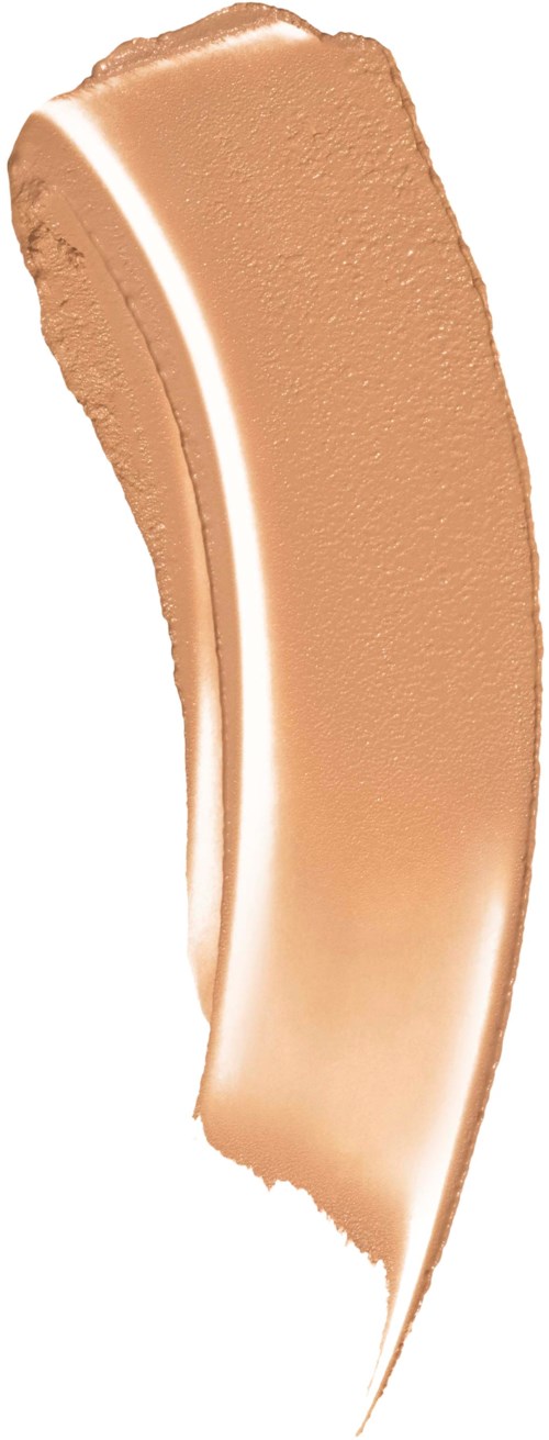 Ett beige foundation-sminkprov med en slät, lätt glansig yta, formad som ett streck.