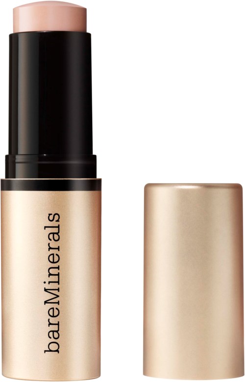 Ett beige sminkstift med svart lock och beige lock, märkt bareMinerals.