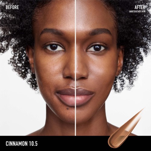 A woman shows clear skin after using a product, with text about cinnamon and skin transformation.