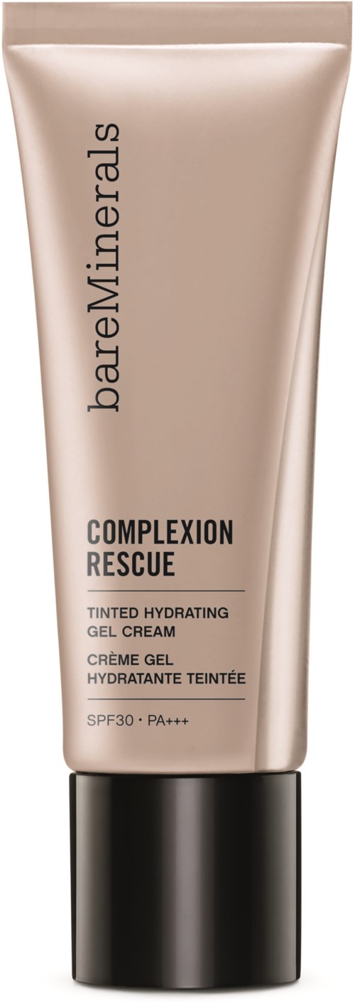 En beige tub med svart lock märkt 'bareMinerals Completion Rescue Tinted Hydrating Gel Cream' med SPF 30.