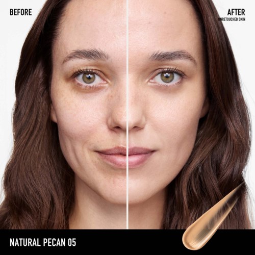 A woman's face shows a clear skin difference, before and after skin retexching, with part of her face smooth and clear.