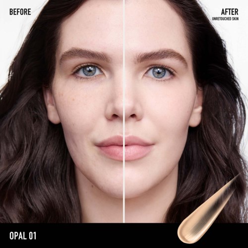 A woman with clear, smooth skin on the right side and blemished skin on the left, showing before and after effects.